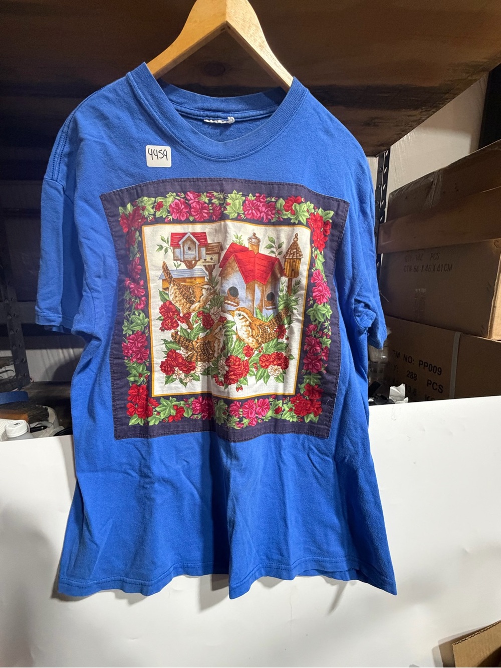 #4459-Blue Short-Sleeve Tee with Decorative Birdhouse Panel
